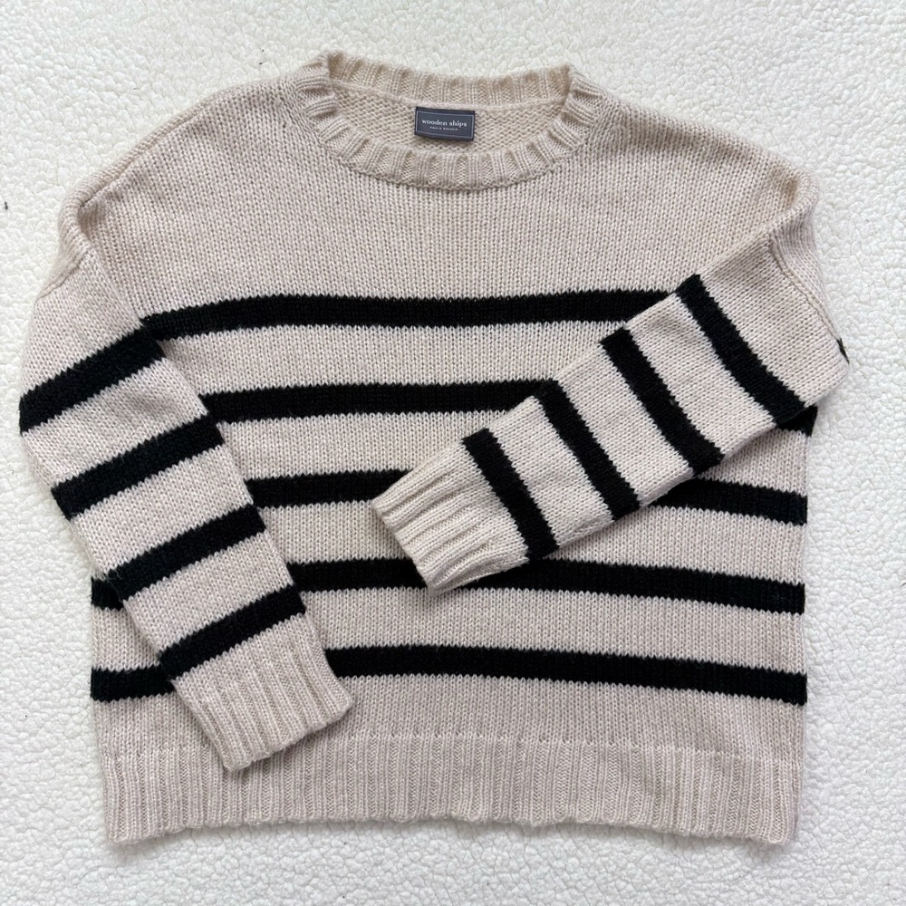 Wooden Ships Cream and Black Striped Crew Neck Sweater